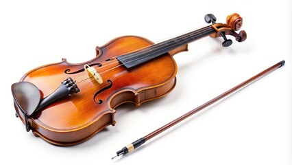 Violin and violin bow isolated on white background, medium shot