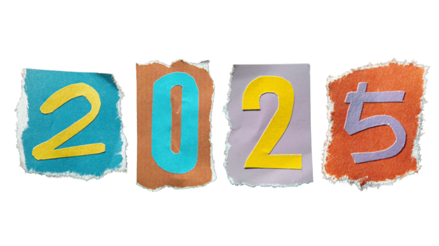 Year number 2025 torn from magazine paper. Ransom note style letters.