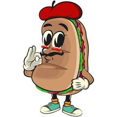 Sub Sandwich cartoon mascot illustration character vector sweet moustache and wearing an artist's hat, giving a delicious sign, work of hand drawn
