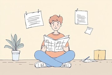 A young person sits comfortably on the floor, reviewing a budget sheet while surrounded by notes and a plant. This cozy scene captures a moment of financial planning and creativity.