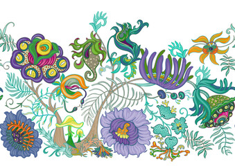 Obraz premium Fantasy, alien hypnotic flowers, decorative flowers and leaves. Cartoon style. Millefleurs trendy floral design. Seamless pattern, background. Outline hand drawing vector illustration.