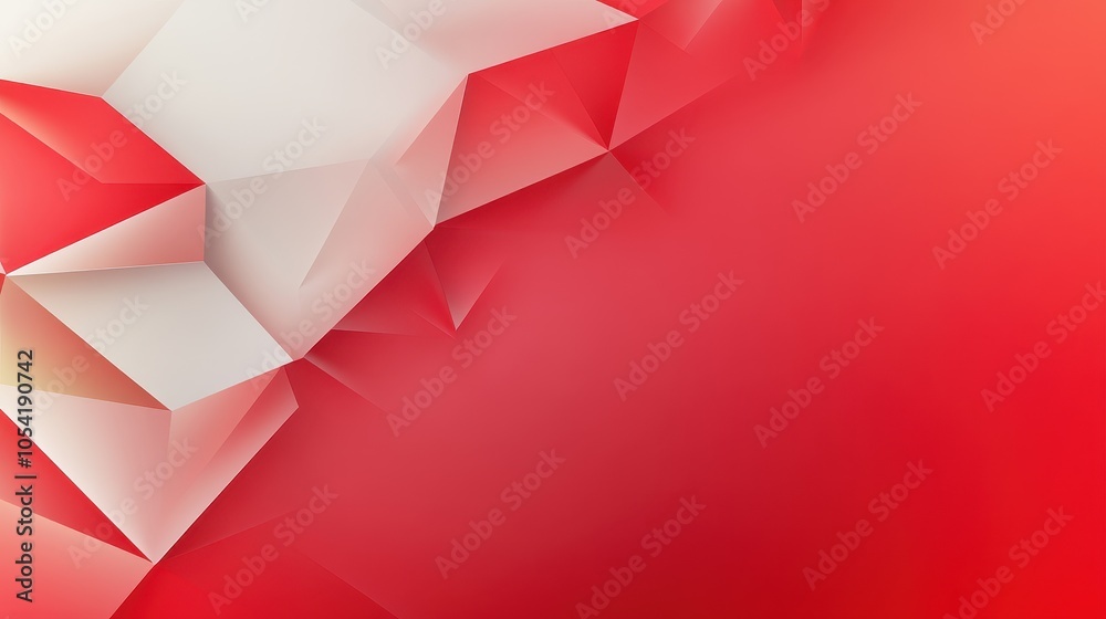 Poster a complex red polygonal background with intersecting triangles and strong contrasts, creating a bold