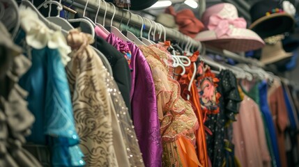 Fabric swatches and colorful costumes are hanging on a rack in a dressing room, ready for actors to wear during a stage production