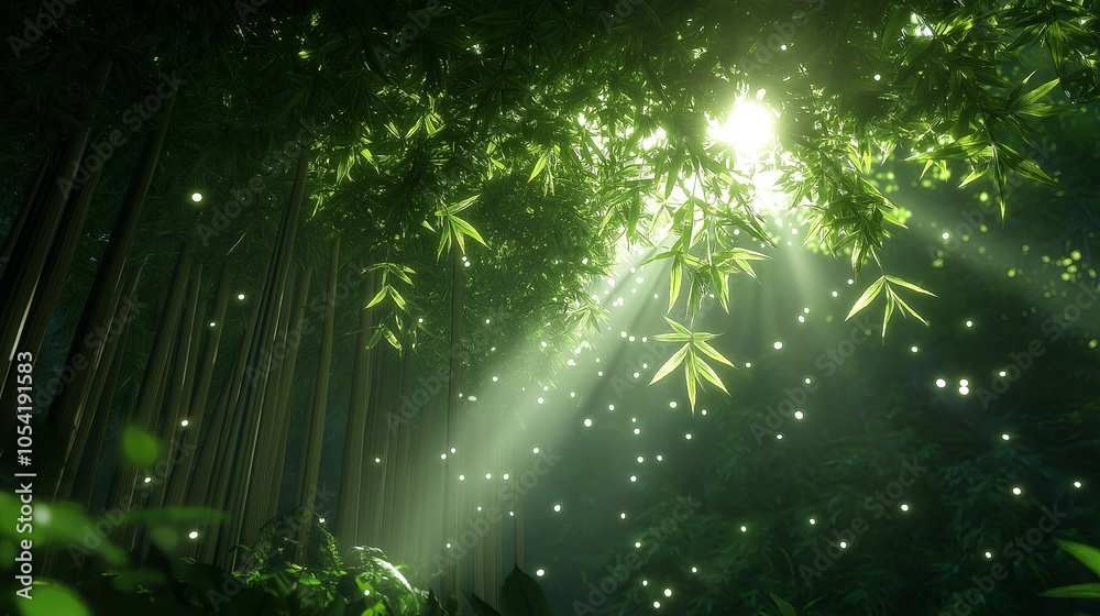 Poster sunbeams filtering through a dense bamboo forest, casting dappled light on the ground below.