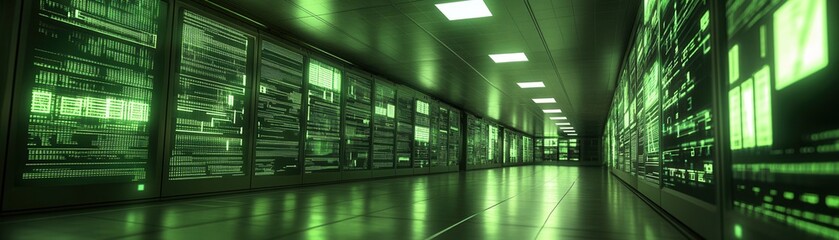 Fototapeta premium A futuristic data center corridor illuminated by green lights, showcasing advanced technology and digital innovation.