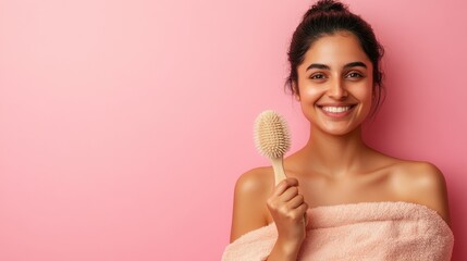 Charming Indian Woman with a Brush Against Pink Background