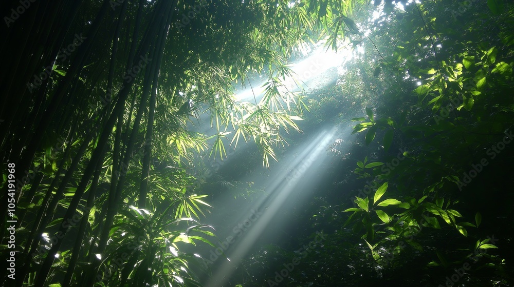 Poster sunbeams filtering through a dense bamboo forest, casting dappled light on the ground below.