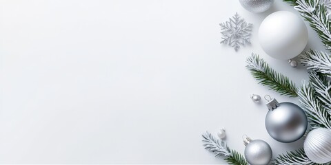 Fototapeta premium A decorative Christmas frame made of silver ornaments, pine branches, and tiny snowflakes on a white background, perfect for holiday-themed designs.