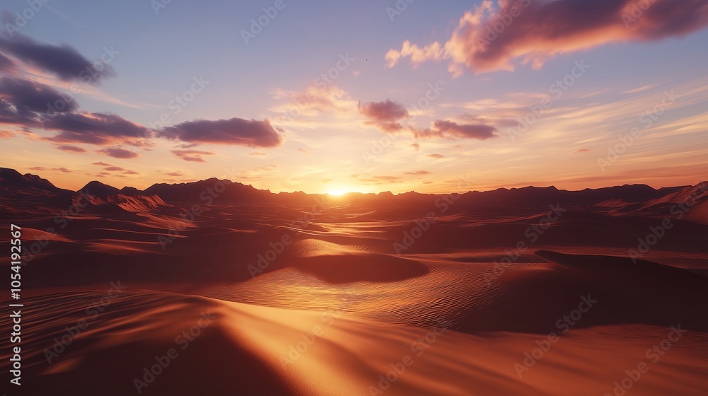 Poster Smooth sand dunes glowing under the soft light of sunrise, with shadows adding texture and depth.
