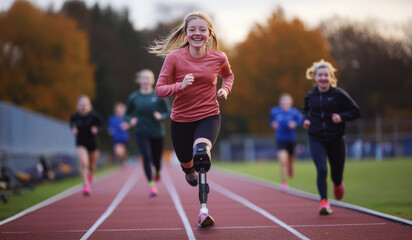 A smiling young girl running with a prosthetic leg	