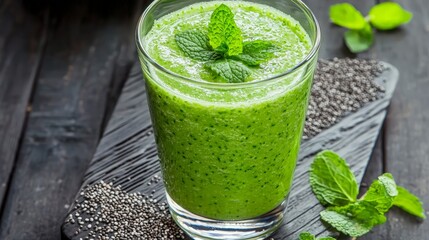 A refreshing green smoothie made with spinach, kale, and chia seeds, garnished with fresh mint leaves.