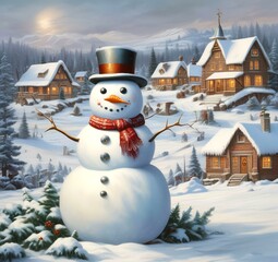 Obraz premium Illustration of funny snowman with winter landscape.