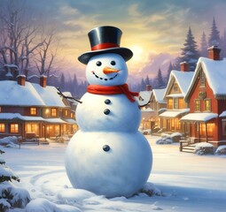 Obraz premium Illustration of funny snowman with winter landscape.