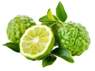 Fototapeta premium A group of fresh green kaffir limes with one cut in half, showcasing its bumpy texture and vibrant citrus flesh cut out isolated transparent PNG