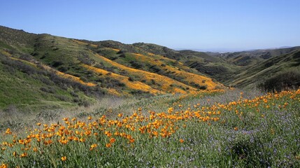 A vibrant field of orange wildflowers blooms on a green hillside with a distant view of the ocean.