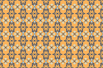 Blue floral damask seamless pattern on yellow background.