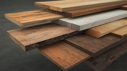 Stack of wood laminate and particleboard samples with various textures and finishes. Material selection concept for furniture and interior design.