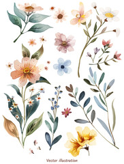 Plants and flowers in a white background. Watercolor wildflowers and leaves vector illustration set. Botanical leaf, floral, wedding frame, card, invitation, greeting decoration.