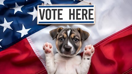 CLICK HERE TO VOTE. US elections. the 2024 presidential election. The American flag with a cute puppy. Indoors, close-up. shot in a studio. idea of pet care. Lovely invitation card for election day wi