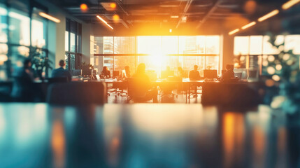 Blurry view of a vibrant office interior with professionals collaborating in creative workspace