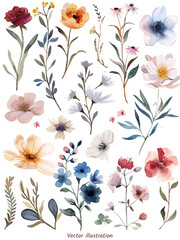 Plants and flowers in a white background. Watercolor wildflowers and leaves vector illustration set. Botanical leaf, floral, wedding frame, card, invitation, greeting decoration.