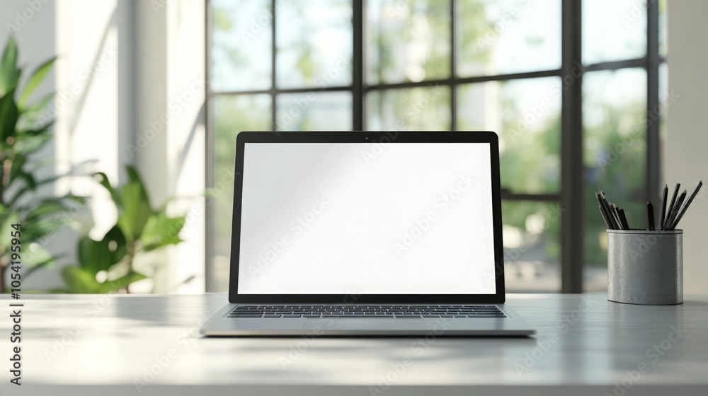 Poster a sleek laptop sits on a minimalist desk in a modern workspace, illuminated by natural light from la