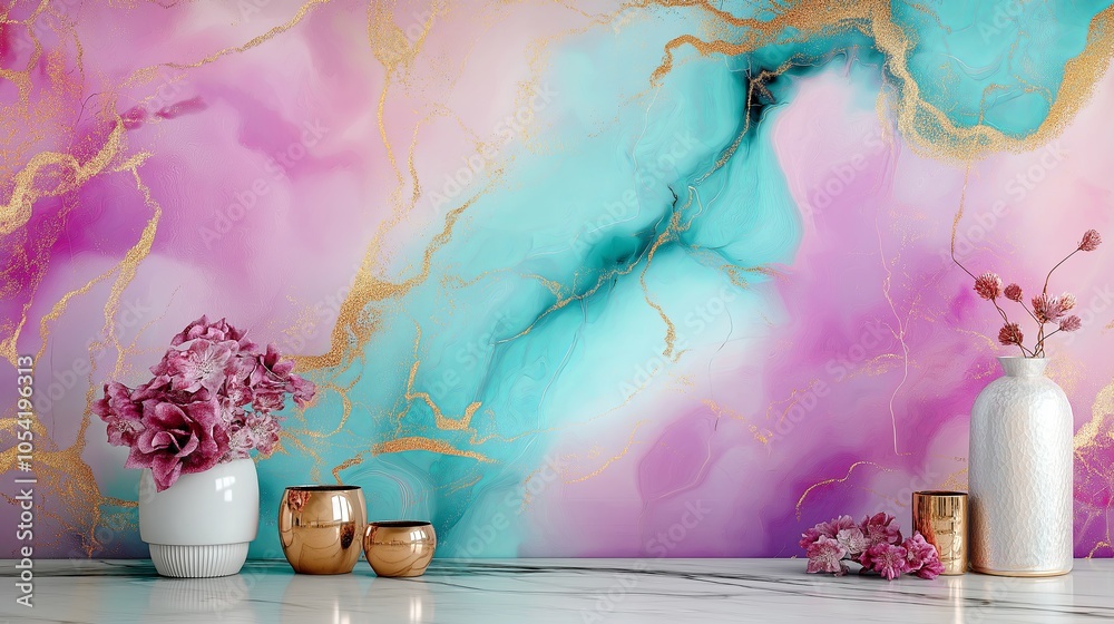 Poster a vibrant marble pattern in colors like turquoise, gold, and magenta, creating a modern abstract des