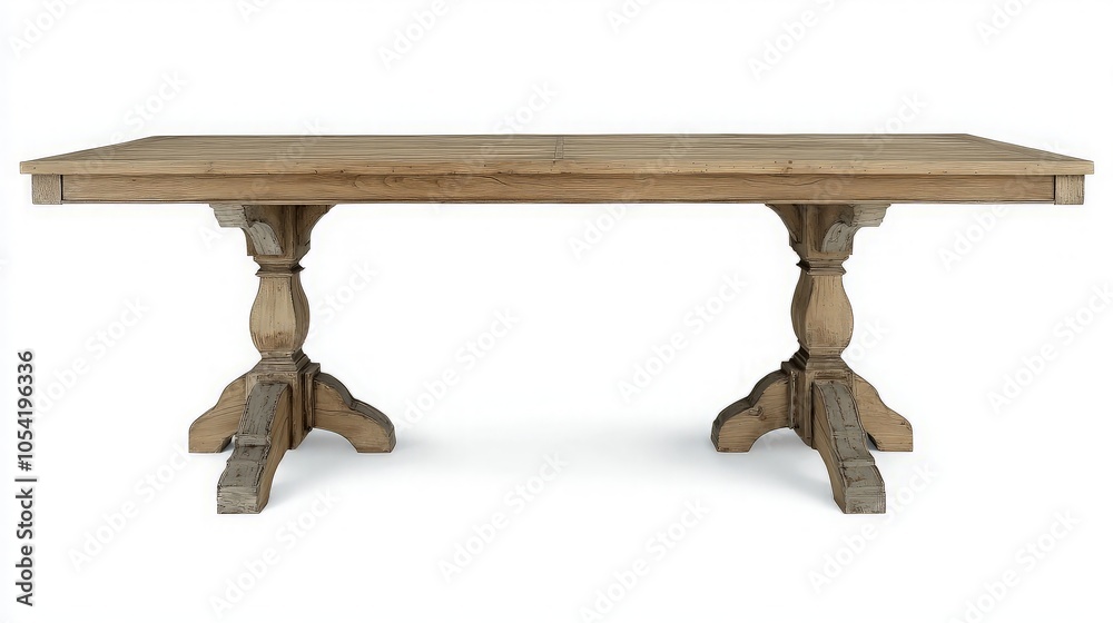 Wall mural rustic wooden dining table with two pedestal bases.