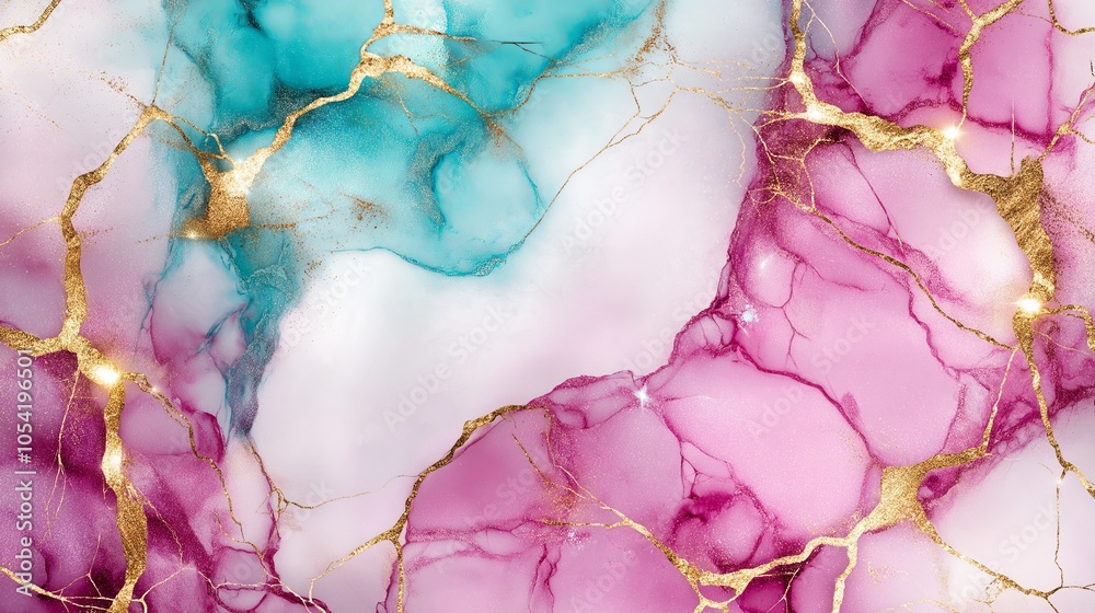 Poster a vibrant marble pattern in colors like turquoise, gold, and magenta, creating a modern abstract des