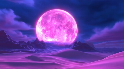 A vast desert landscape with rolling sand dunes under a large, glowing full moon