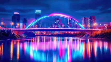 Futuristic cityscape at night featuring a glowing bridge over a neon-lit river