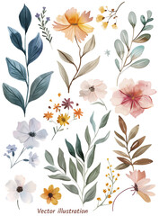 Plants and flowers in a white background. Watercolor wildflowers and leaves vector illustration set. Botanical leaf, floral, wedding frame, card, invitation, greeting decoration.