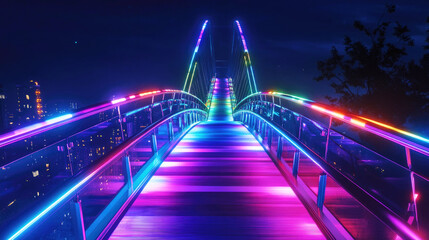 Colorful LED illuminated steel and glass bridge at night in an urban landscape