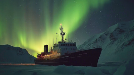 Icebreaker ship navigating through icy waters beneath the vibrant Northern Lights