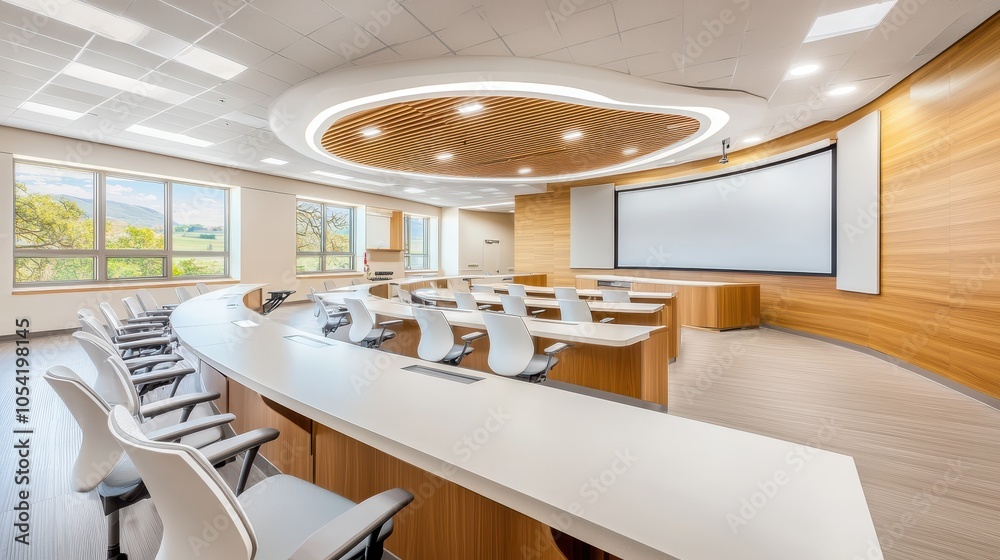 Poster a modern classroom with rows of desks and a large interactive whiteboard at the front.