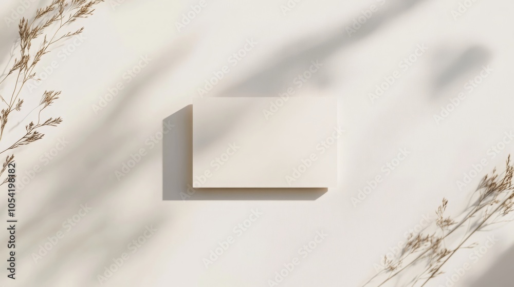 Leinwandbilder A plain white rectangle is positioned on a light textured surface, surrounded by soft shadows from delicate plant elements. The composition emphasizes minimalism and natural light.