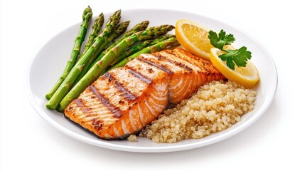 A plate of grilled salmon, asparagus, and a side of quinoa on a white background, ideal for clean eating and healthy living content.