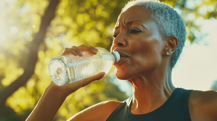 Senior woman hydrating after a jog in the park during a sunny morning