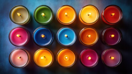 colorful candles arranged in a grid pattern. candle is housed in clear glass container, allowing the vibrant hues of the wax to be visible. The candles are lit, with small flames flickering at the top