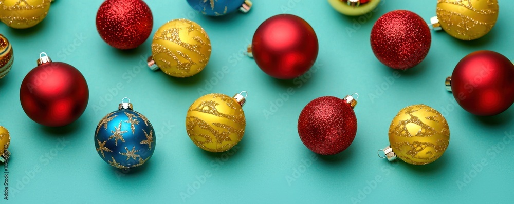 Wall mural colorful christmas ornaments on a vibrant turquoise background.