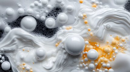 Abstract fluid art with bubbles and swirls in white and orange tones