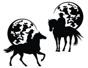 cowgirl and cowboy rider riding running and standing horse against full moon - wild west ranger black and white vector silhouette sticker design set