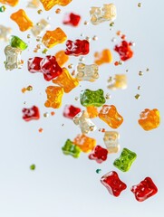 Colorful gummy bears in mid-air, isolated against white background, symbolizing fun, childhood, and sweetness. Ideal for themes related to candy, treats, and joyful moments.