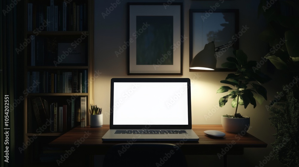 Aufkleber a cozy home office features a laptop with a dimly lit screen, surrounded by bookshelves and a desk l