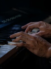 Playing piano. Hands push the key