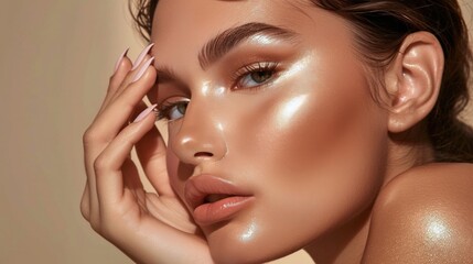 Model with perfect skin applying highlighter