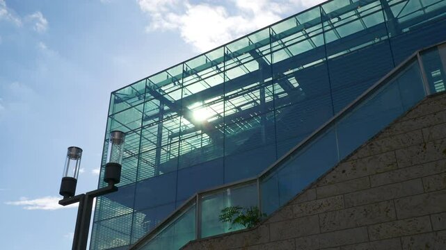 sunny day stuttgart city center famous modern art museum cube building top slow motion panorama 4k germany
