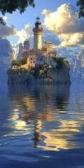 Naklejka premium Lighthouse Castle on a Mountain Island