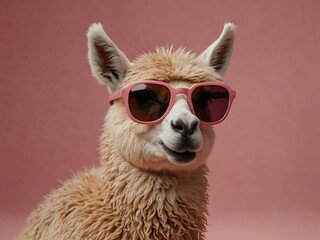 Obraz premium Lama with bubblegum in pink sunglasses on pink background