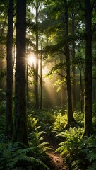 Fototapeta premium Lush green forest with sunlight filtering through